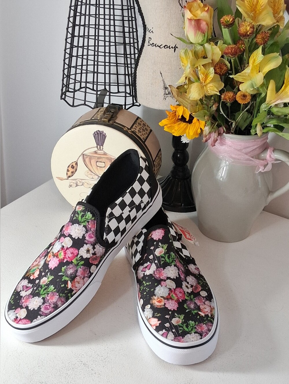 Vans Black Floral & Black/White Checker Slip-On Sneakers